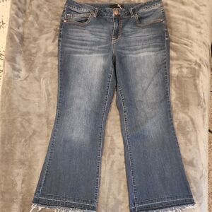 Blue Flare Wide Leg Jeans with Frayed Hem